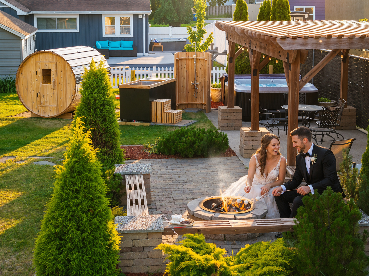 Bride and groom roasting marshmallows by the fire pit at sunset